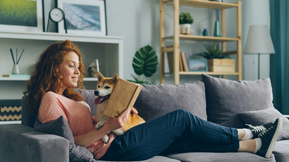 a woman sitting on a couch holding a dog